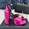 12 cm Crystal Sandals Designer Heels Summer Women Shoes Chunky Heels Platform Sandal Women Silk Satin äkta läder höga klackar lyxig kvällsfest klänningskor