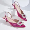 Dress Shoes Fashions Pumps Women Summer Pointed Toe Pink Rhinestone Mules Low Heel Back Strappy Party Wedding Heeled Sandals