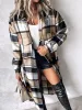 Trench Cardigan Women Women Korean Fashion Flaid Print Butomed Pocket Design Longline Coat Casual Elegant Oversize kurtka