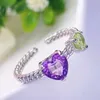 Cluster-Ringe, 925er Silber, Herz, natürlicher Amethyst, Peridot, echter Edelstein, doppelter offener Ring für Frauen, Geburtstag, Hochzeit, Geschenk, handgefertigter Schmuck