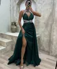 2024 verde escuro vestido de noite cetim seda halter frisado cristais formal árabe baile vestidos festa fiesta robe de soiree