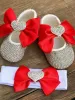 Poupée d'extérieur faite à la main, cadeau de noël pour nouveau-né, saint-valentin, mocassins à nœud rouge pour bébé fille, chaussures et bandeau scintillants