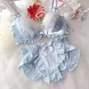 Set di reggiseni Corea giapponese Sweet Lolita Girls Pure Blue White Reggiseno di pizzo sexy Mutandine Set Kawaii Bow Plus Size 32 34 36 38 40 A B C D E Cup