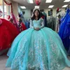Aqua blå quinceanera klänning 2024 mexikansk vestidos de 15 prinsessan söt 16 födelsedag xv bollklänning långärmad Askepott tjejklänning