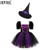 Abiti da ragazza per bambini Vestito da strega di Halloween Costume da fantasma gotico Costume da tutù in maglia scintillante Cappello da tutù di carnevale di Purim Gioco di ruolo