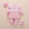 Socks Newborn Baby Girl Clothes Fall Cotton Lace Princess Style Baby Jumpsuit Infant Romper With Socks Headband ropa bebe childOutfit