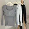 T-Shirts für Damen, Herbst und Winter, langärmelig, Basisshirt für Damen, vielseitig einsetzbar, mit integriertem Brustpolster, BH, schmale Passform, T-Shirt mit weiblichem Unterteil, lässige Oberteile