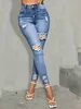 Damen-Jeans, blau, zerrissene Löcher, Röhrenjeans, schmale Passform, hoher Stretchanteil, enge Jeans im Used-Look, Damen-Denim-Jeans-Kleidung