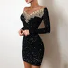 Casual Kleider Mode Glitter Spitze Spleißen Kleid Frauen Sexy V-ausschnitt Mini Slim Robe Langarm Party Vestidos Bodycon Abendkleid