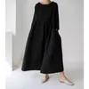 Vintage Loose Cotton Linen Dress Women Summer Simple Elegant Aline Pullover Female Oneck Solid Maxi Robe 240226