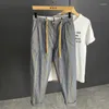 Calças masculinas coreanas roupas listradas pantalones primavera verão fino solto haren stretch nove pontos barril reto