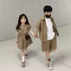 衣料品セット2024夏の子供服の兄弟姉妹マッチング衣装韓国の子供スーツガールズブラウススカートボーイズショートパンツ