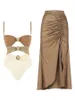 Damenbadebekleidung Farbblockausschnitt Einteiliger Badeanzug und Sarong Mode Patchwork Push Up Frauen Luxus Badeanzug Beachwear 2024