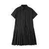 Casual Dresses Est French Style Shirt Dress 2024 Fashion Summer Short Sleeve Mid-Length Pleated Pendulum White Black Women No Belt