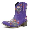 Laarzen Western Cowboy Naaien Bloemen Enkel Voor Vrouwen 2024 Embriodery Slip Op Klassieke Vintage Cowgirl Damesschoenen Booties