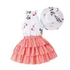 Pudcoco Kids Baby Girl 3Pcs Summer Outfits Sleeveless Mock Neck Tops Ruffle Skirt Bucket Hat Set Toddler Clothes 47T 240226