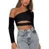 T-shirts Femmes T-shirt Femme T-shirt à manches longues Col oblique Creux Solid Slim Fit Crop Top Clubwear