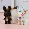 Rabbit Bunny Keychains Rings Women Cute Brown Flower Plaid Pu Leather Car Keyrings Holder Fashion Design Bag Key Chains smycken Tillbehör Djurhängen Charms