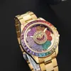 Hip -Hop -Out -Mode -Persönlichkeit Sonnenblume Rotatable Colored Diamond Eingelegtes Moissanit Quarz Uhr für Männer