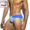 Mäns badkläder Pad Men Push Up Swimming Briefs Mens Sexiga bikini randiga badstammar Back Pocket Beach Shorts Surffing kostymer strandkläder