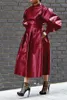Casual Dresses Solid PU Leather Lantern Sleeve High Waist Dress Women Mandarin Collar With Pocket Belt Party Street Business Long