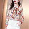 Blouses Femmes 2024 Printemps POLO Col À Manches Longues En Mousseline De Soie Chemise Femmes Floral Impression Bow Blouse Femme Mode Simple Boutonnage Cardigan