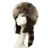 Berets Plush Russian Flat Top Hat Winter Mongolian Thicken Raccoon Tail For Adult Teens Keep Warm