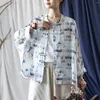 Kvinnors blusar Johnature Women Chinese Style Ramie Shirts Print Floral 2024 Autumn Long Sleeve Button