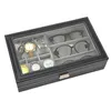 Boîte de rangement de lunettes en cuir synthétique, boîte d'exposition à couvercle Transparent avec 6 grilles et 3 lunettes de rangement 268U