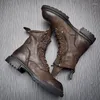 Boots British Genuine Leather Motorcycle Male Trendy High-top Casual Lace-up Work Shoes Botines Hombre Combat Military 3A