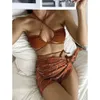 2024 New Swimsuit Women's Gathering Drawstring Sexy Printed Short Skirt Three Piece Set Mesh Bikini