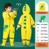 112 Years Old Cartoon Dinosaur Waterproof Jumpsuit Raincoat Hooded Kids OnePiece Coat Tour Children Rain Gear Suit 240226