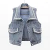 Dames Vesten 2024 Denim Vrouwen Vest Luxe Parels Mode Gescheurde Herfst Jeans Jas Mouwloze Losse Korte Jas Causale Vesten