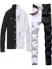 Fashion New Tracksuits Stitching Two Color Men039s Sets Autumn White and Black Denim Jacket Slim Stretch Jeans Twopieceset 6038272