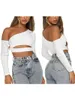 T-shirts Femmes T-shirt Femme T-shirt à manches longues Col oblique Creux Solid Slim Fit Crop Top Clubwear