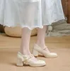 Zapatos de vestir Tacones altos para mujer 2024 Bombas Punta cuadrada Gótico Calzado de verano para mujer Mary Jane Estilo japonés Lolita con lazo Blanco A