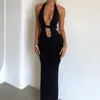 Casual Dresses Puloru Women Sexy Deep V Bodycon Long Dress Sleeveless Backless Tie-up Halter Neck Wrappy Cocktail Party Club Streetwear