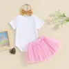 Conjuntos de roupas Bebê Menina Roupas de Verão Carta Imprimir Macacão de Manga Curta Camadas Tule Tutu Saias Lantejoulas Bowknot Headband 3 Pcs Conjunto de Roupas