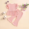 Kläduppsättningar Småbarn Baby Girl Summer Clothes Set Knit Rib Flying Sleeve Button A-Line Tops Fleared Pants Spädbarn 2 st.