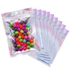 Sacs d'emballage Vente en gros 500pcs Sacs Mylar refermables Couleur holographique Mtiple Tailles Sac anti-odeur Clear Zip Lock Food Candy Stor DHCQA