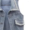 Dames Vesten 2024 Denim Vrouwen Vest Luxe Parels Mode Gescheurde Herfst Jeans Jas Mouwloze Losse Korte Jas Causale Vesten