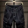 Мужские шорты Летние мужские черные джинсовые шорты с несколькими карманами и прямыми карманами, повседневные модные мужские шорты-карго J240228