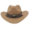 Bérets Chapeau de cowboy en laine Hommes Femmes Fedora Style ethnique à la mode avec perles Ceinture Décor Unisexe Top pour