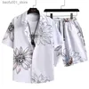 Herrespår herr sommar randig blommig tryck män hawaiian set strand korta ärm avslappnade skjortor andningsbara shorts kostymer 2 stycken streetwearm q240228