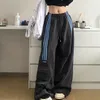 Calças femininas estilo jovem streetwear tendência roupas femininas soltas casuais sólido retalhos listrado bolso cintura elástica em linha reta perna larga