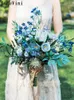 Fleurs de mariage JaneVini Fleur Bleue Bouquets De Mariée Artificielles 2024 Soie Rose Bouquet De Mariée Fleur Bleu Ramo De Novia Vintage