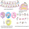 Neues neues Regenbogen-Set mit Einhorn-Muster, glückliches Banner, Latex-Luftballons, Kuchendeckel-Set für Mädchen-Geburtstagszubehör