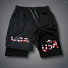 Men's Shorts Double Layer Fitness USA Letter Print Summer Gym Training 2in1 Sports Quick Dry Workout Jogging Short Pants