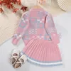 Bear Leader Girls Sweater Sets 2023 AutumnWinter Knit Set Geometric Printed TopStriped Pleated Skirt Two Piece 240226