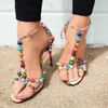 Sandals Multi-color Beaded Clear PVC T Strap High Heel Sexy Plaide Printed Leather Ankle Gladiator Heels Banquet Shoes